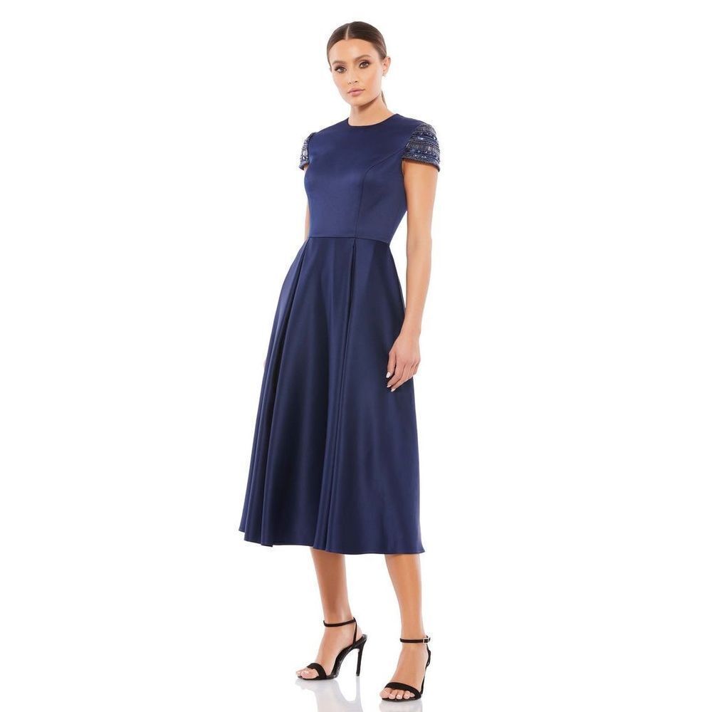 New Ieena For Mac Duggal High Neck Cap Sleeve Event Tea Length Dress Navy Size 4